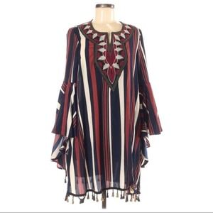 CALLIE MAC Tassel Embroidered Striped Boho Long Sleeve Dress Size Large